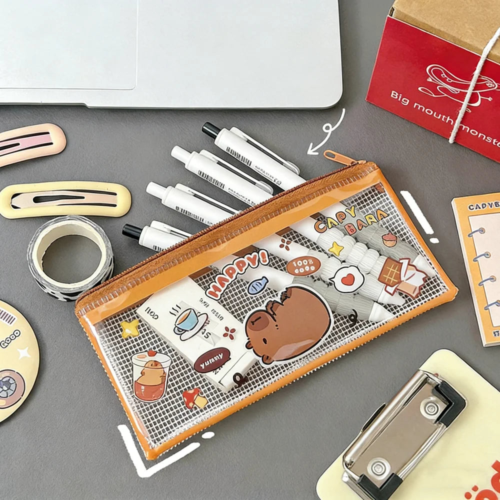 Cute Cartoon Capybara Pencil Case Transparent Student Stationery Storage Bag Pouch Desktop Organizer School Office Supplies