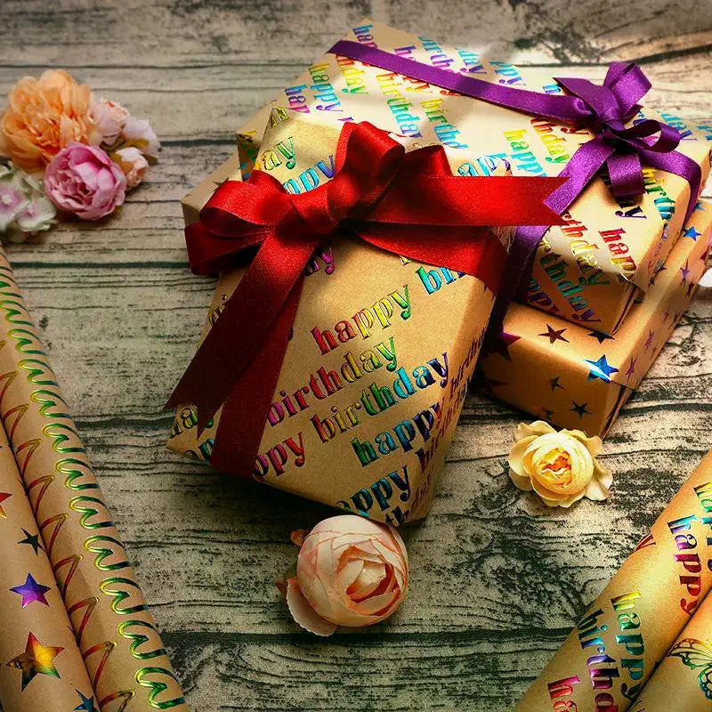 43x300cm Happy Birthday Valentine's Day Gift Wrapping Paper Retro Yellow Kraft Paper Colorful Bronzing Wrapping Paper