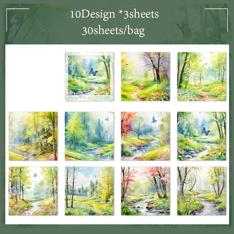 Material Paper 30 sheets/bag Spring Watercolour Landscape Handbook Stationery DIY Handmade & Scrapbook Journal Decoration