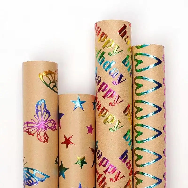 43x300cm Happy Birthday Valentine's Day Gift Wrapping Paper Retro Yellow Kraft Paper Colorful Bronzing Wrapping Paper