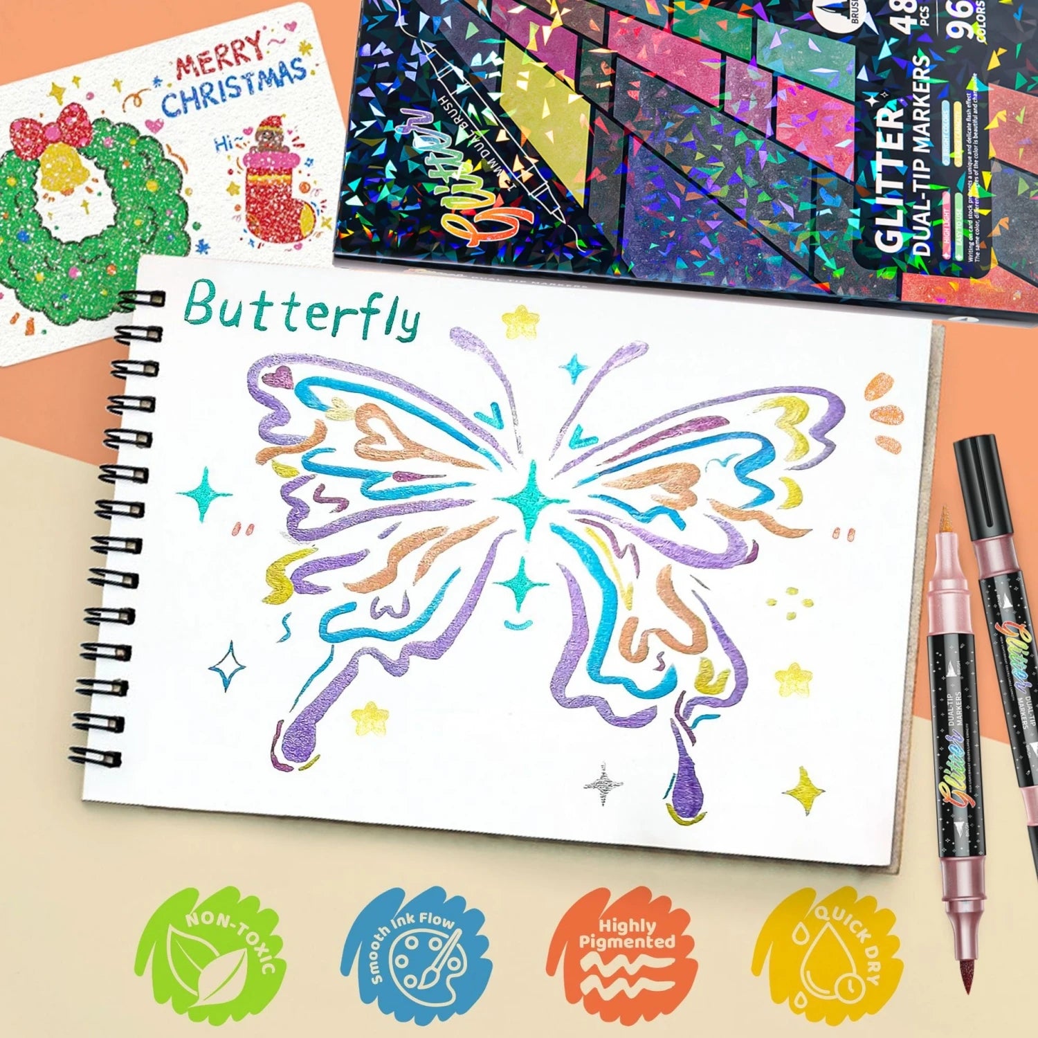 24-96 Colors Glitter Felt Tip Metallic Markers Dual Tip Dual Color Shimmer Marker for Doodle Writing Art DIY Crafts Scrapbooking