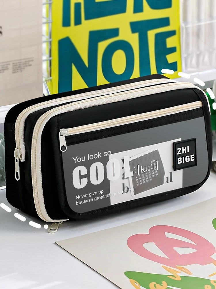 Pencil Case - Flip Cover Large Capacity Aesthetic Pencil Pouch with Zipper Mesh Stationery Organizer Pen Pouch A7816