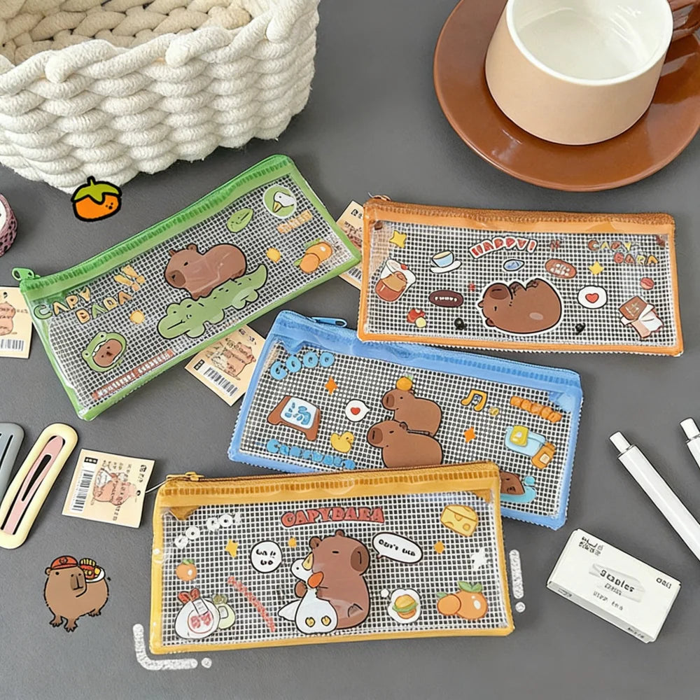 Cute Cartoon Capybara Pencil Case Transparent Student Stationery Storage Bag Pouch Desktop Organizer School Office Supplies