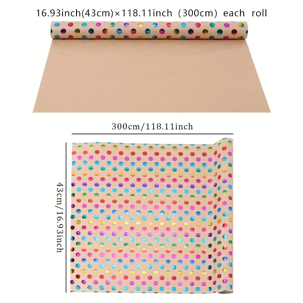 1Roll Extra Long Gift Wrap Paper-Very Large Roll(42.93x299.72 cm),Vibrant Multicolor Polka Dots in Pink,Blue,Golden,Green,Purple