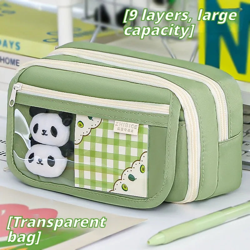 9-layer Large Capacity Pencil Case with Transparent Compartment and Magnetic Button Flip for Retrieval